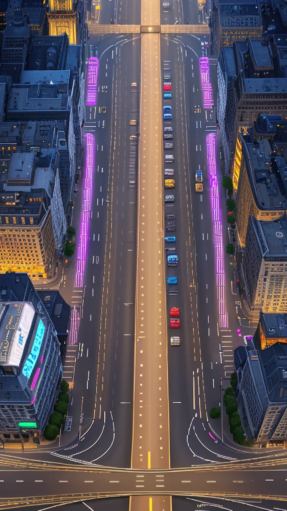 Straight road running through the center of the city, game concept, game map, pixel, pixel art, (straight road:1.2), paved road, night, detailed, vertical, bird's eye view, modern city, front projection