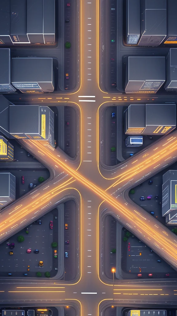 Straight road running through the center of the city, game concept, game map, pixel, pixel art, (straight road:1.2), paved road, night, detailed, vertical, bird's eye view, modern city, front projection