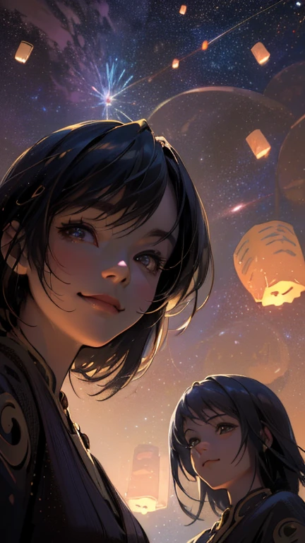 nsfw, Masterpiece, top quality, highly detailed, Photorealistic style, Chiaroscuro style, backlighting, 

2 girls, A lesbian couple in yukata,
looking at the camera with a smile,
A close-up of their beautiful eyes,

(Lots of fireworks all over the sky,
Many Lanterns floating in the sky,
big shining milky way:1.4),