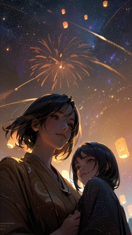 nsfw, Masterpiece, top quality, highly detailed, Photorealistic style, Chiaroscuro style, backlighting,
2 girls, A lesbian couple in yukata,
looking at the camera with a smile,
A close-up of their beautiful eyes,
(Lots of fireworks all over the sky,
Many Lanterns floating in the sky,
big shining milky way:1.4),