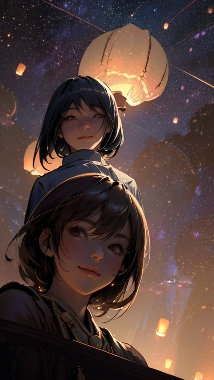 nsfw, Masterpiece, top quality, highly detailed, Photorealistic style, Chiaroscuro style, backlighting, 

2 girls, A lesbian couple in yukata,
looking at the camera with a smile,
A close-up of their beautiful eyes,

(Lots of fireworks all over the sky,
Many Lanterns floating in the sky,
big shining milky way:1.4),