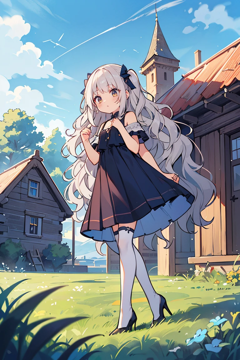 solo, girls, (one side up, wavy long hair:1.52), black high neck clothes and blue camisole dress in layers, high heels, white thighhigh, background with((castle, ireland, meadow, grass, old house, log cabin, fort, sky, blue sky, beautiful sky))