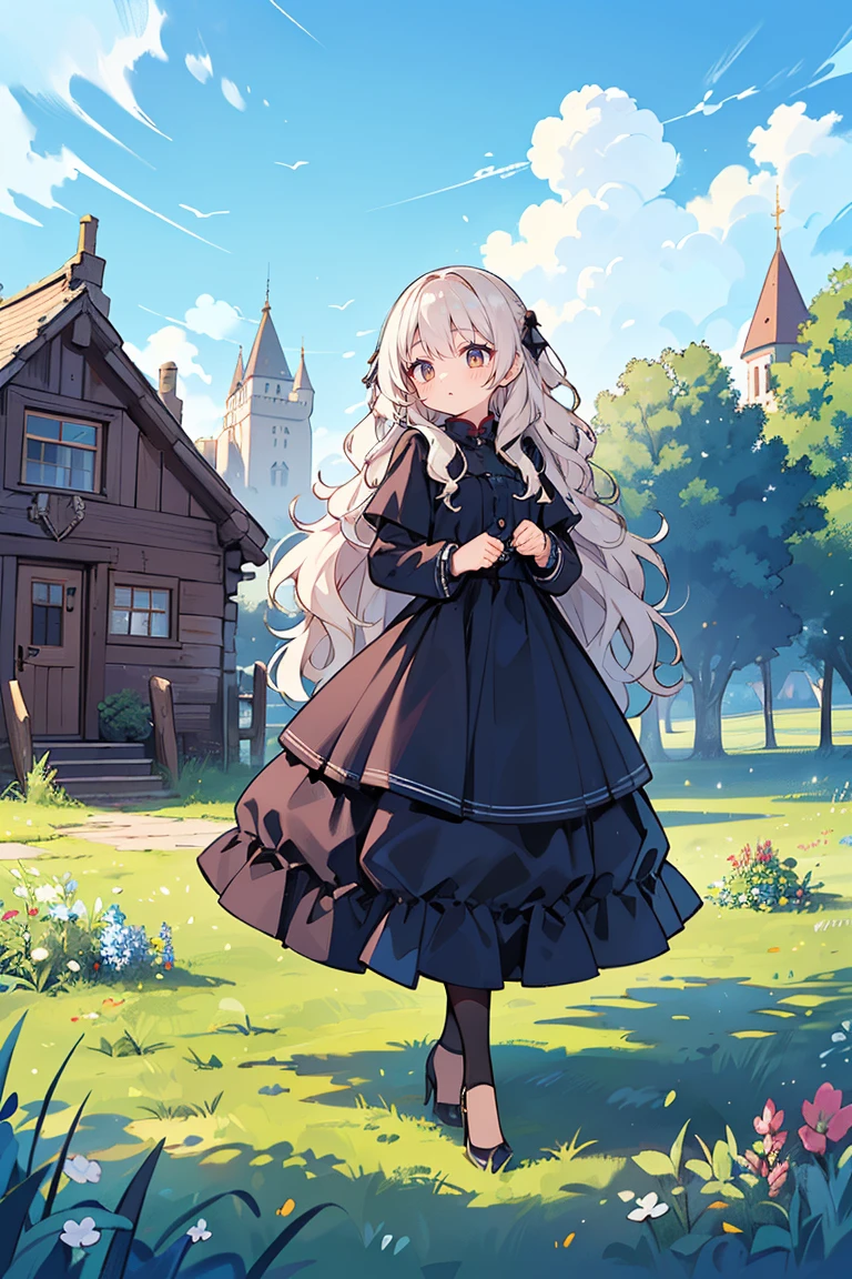 solo, girls, (one side up, wavy long hair:1.52), black high neck clothes and blue camisole dress in layers, high heels, white thighhigh, background with((castle, ireland, meadow, grass, old house, log cabin, fort, sky, blue sky, beautiful sky))