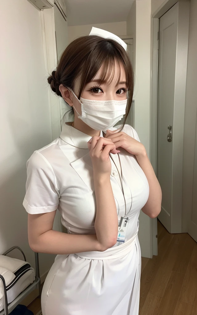 1 Girl,(Wearing white nurse clothes:1.2),(RAW Photos, Highest quality), (Realistic, photo-Realistic:1.4), masterpiece, Very delicate and beautiful, Very detailed, 2k wallpaper, wonderful, finely, Very detailed CG unity 8k wallpaper, Very detailed, High resolution, Soft Light, Beautiful detailed girl, Very detailed eyes and face, Beautiful and sophisticated nose, finely beautiful eyes, nurse, Perfect Anatomy, Black Hair, Upstyle, nurse uniform, ((mask)), Long skirt, nurse, White costume, thin, hospital, clear, White Uniform, hospital room, Neck auscultation,Bobcut