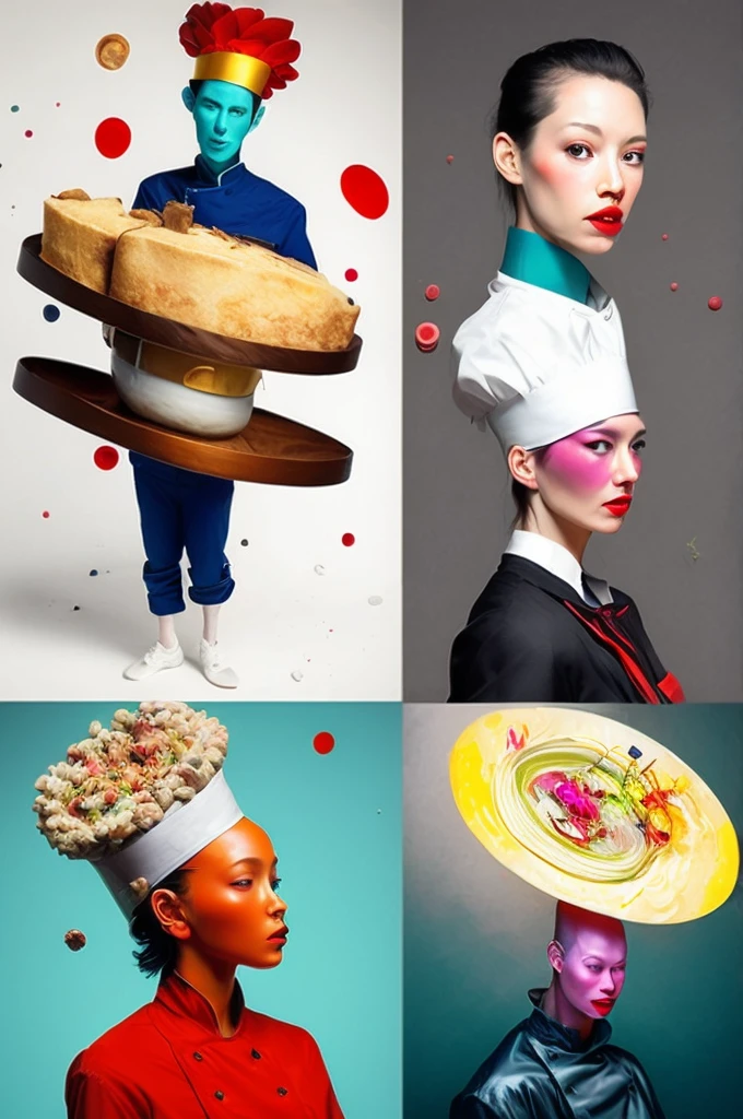 3 French chefs、Arrangement work、Serious expression、(Dynamic pose)、Outstanding works of art、(Avant-garde masterpieces:1.6)、Flashy colors、