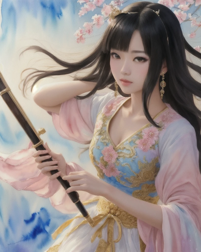 Color Ink Splashing, best quality,masterpiece,highly detailed,ultra-detailed,   beijing opera, solo, 1girl, black hair, makeup  ,fighting stance, holding weapon, portrait, 
  vintage 90's anime style, (watercolor:1.16), soft lighting,, soft, pastel colors, delicate, impressionistic, dreamy, feminine, airy, light,, oil painting, textured, layered, rich, classic, depth,timeless