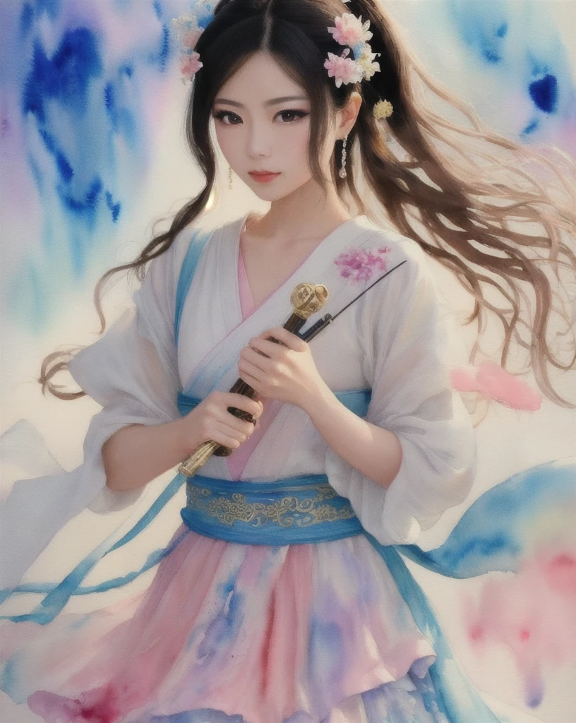 Color Ink Splashing, best quality,masterpiece,highly detailed,ultra-detailed,   beijing opera, solo, 1girl, black hair, makeup  ,fighting stance, holding weapon, portrait, 
  vintage 90's anime style, (watercolor:1.16), soft lighting,, soft, pastel colors, delicate, impressionistic, dreamy, feminine, airy, light,, oil painting, textured, layered, rich, classic, depth,timeless