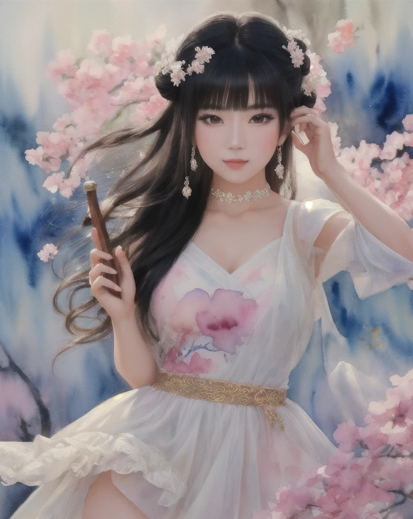 Color Ink Splashing, best quality,masterpiece,highly detailed,ultra-detailed,   beijing opera, solo, 1girl, black hair, makeup  ,fighting stance, holding weapon, portrait, 
  vintage 90's anime style, (watercolor:1.16), soft lighting,, soft, pastel colors, delicate, impressionistic, dreamy, feminine, airy, light,, oil painting, textured, layered, rich, classic, depth,timeless