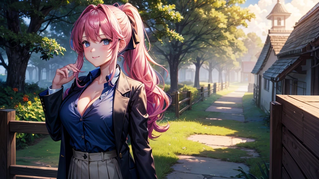 1girl, solo, summer, village, trees, sun, clouds, fantasy, ((colorful hair)), curly hair, ponytail, big full ???????, ((black blazer)), button down shirt, ((blue shirt)), ((short sleeved shirt)), ((unbuttoned shirt)), unbuttoning buttons, cleavage 1:3, blue eyes, skirt, smile, looking at the viewer, standing, hair ribbon, golden necklate