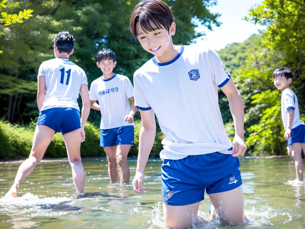 In the forest、Swimming in the river、１０Year old boy、The boys are playing、Get wet all over、Noisy boys、Splashing Water、Boy in gym clothes、The bottom of the white T-shirt is blue、Blue shorts、Japanese、（Boy 1.4）