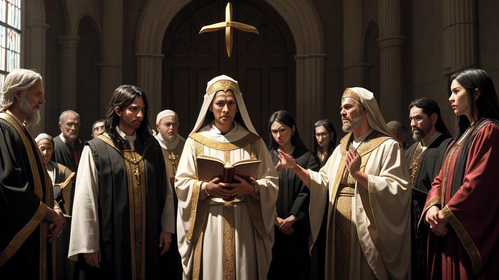 "Description: Create a scene that explores the balance of justice and mercy in Conditional Immortality. Show a courtroom-like setting where God, depicted as the ultimate judge, administers justice with fairness and compassion.
Details: Use solemn yet comforting colors and lighting to convey a sense of divine judgment tempered with mercy. Depict diverse figures, including believers and the wicked, standing before God in a scene of spiritual reckoning. Symbolize justice with scales and the Book of Life, while mercy is represented by gestures of forgiveness and redemption. Incorporate biblical passages like Matthew 10:28 subtly in the scene to underscore the theological foundation of Conditional Immortality."