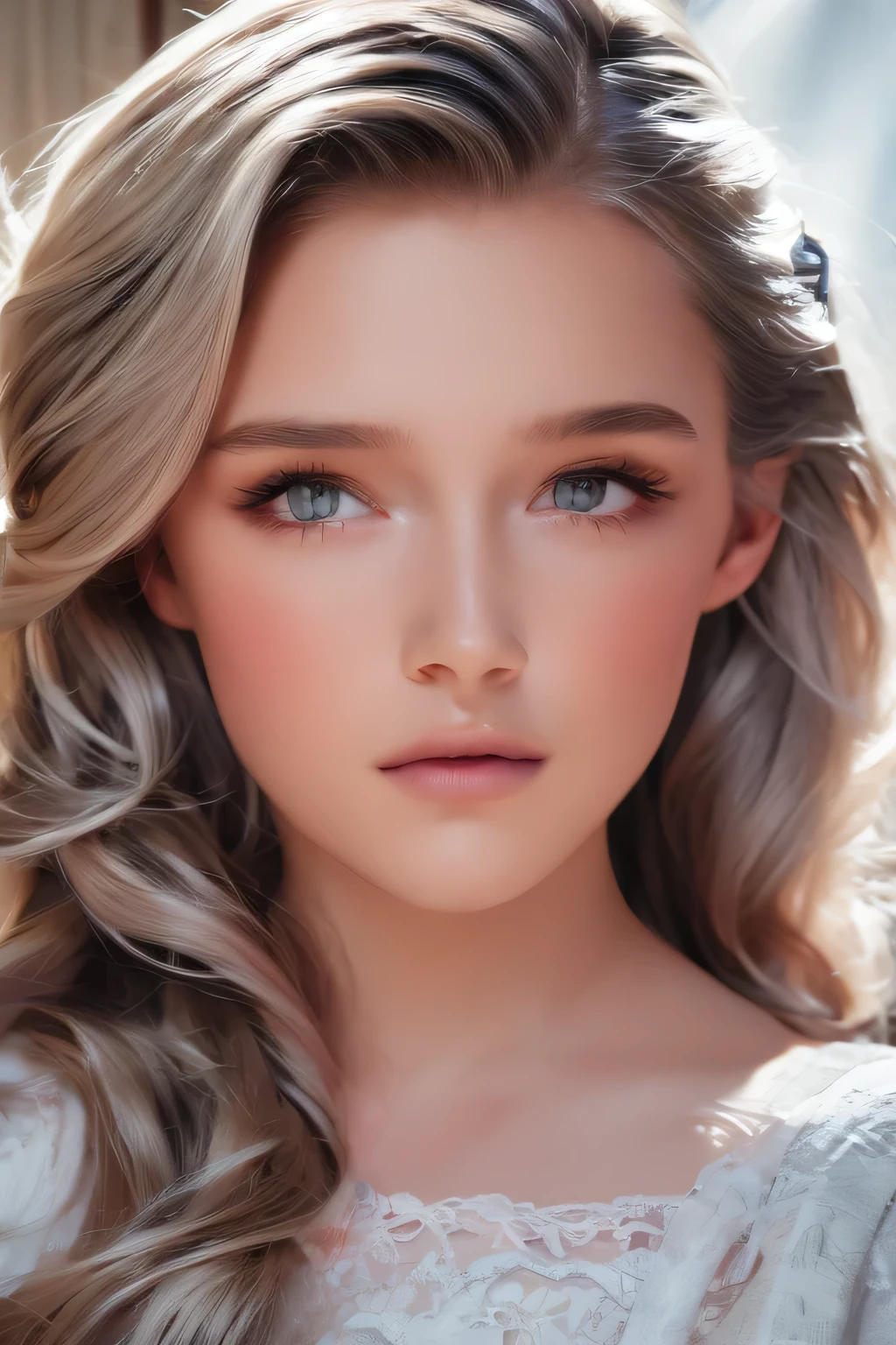 masterpiece, Highest quality, Super detailed, 8K, Detailed light, Detailed Shadows, born, (Detailed skin), (Genuine: 1.2),, 1. Scandinavian Girl, face, (9 years old), Gray Hair, Sleep in a plush bed, Night Dress