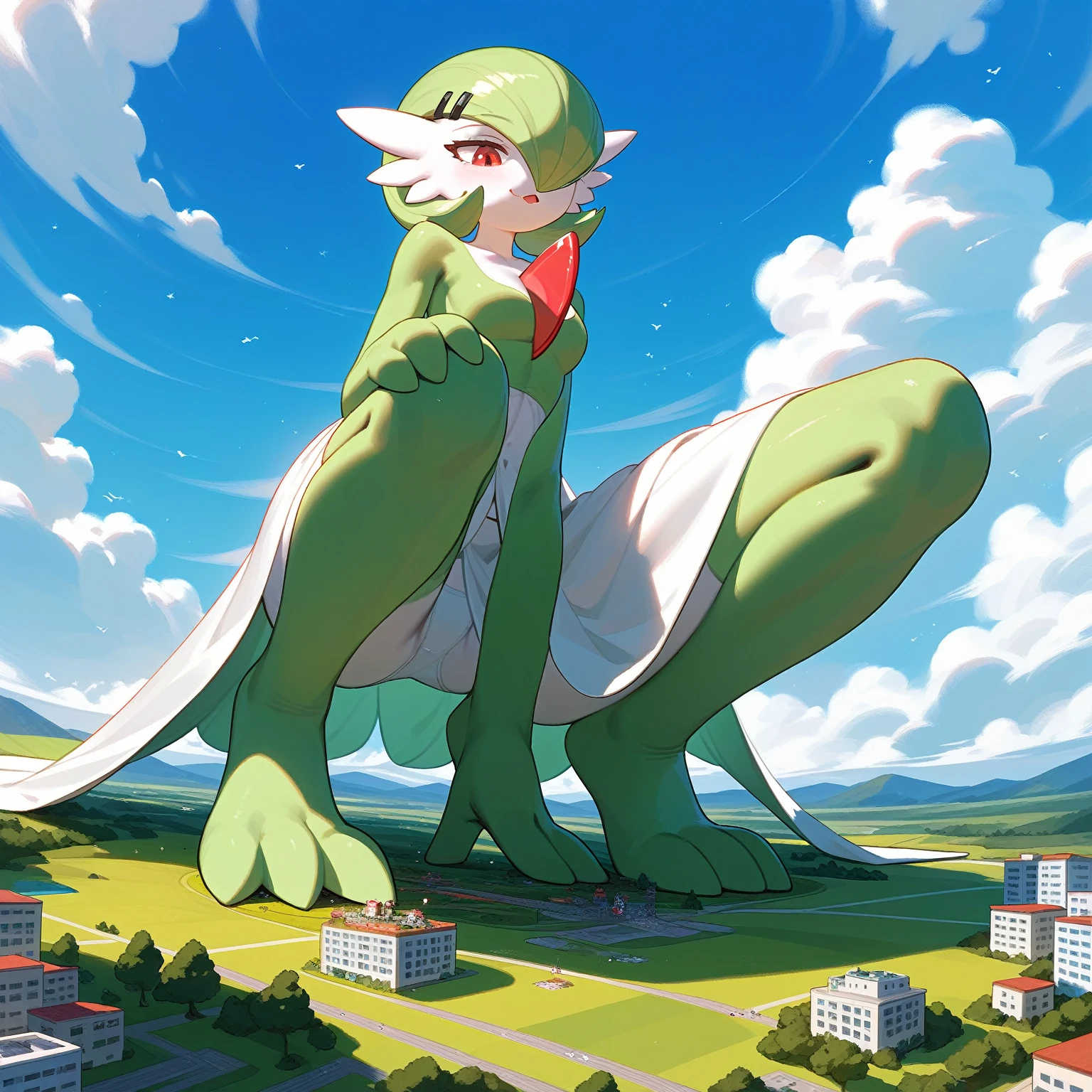 green legs, full body shot, green and white, gardevoir, pokemon, sizedifference, macro, giantess, high angle, stand, looking at the ground, continent, 2 feet, {{1 hand on the knee}}, 3 toes, squat, cloud, island