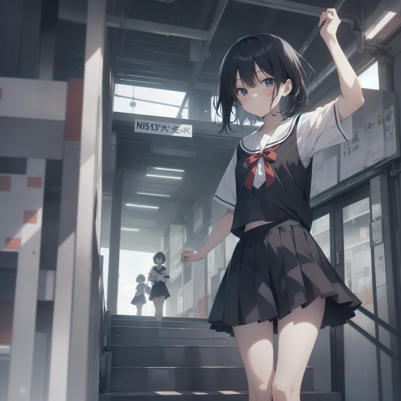 ultra-absurdres-Top quality by artist God, ultra-detailed, high resolution, anime moe artstyle, best anime 8k konachan wallpaper, pixiv contest winner, pool:2810, perfect ???????,break, 1girl, (Please draw a girl walking sleepily to school alone. )break,(Solo,little female, 13-year-old:1.3),Full limbs, complete fingers,a junior high school student, (very short hair), short cut, flat chest, , small butt, small black eyes, beautiful detailed eyes, well-proportioned iris and pupils, expressive eyes, highres detailed hair, soft expression, salor school_uniform, sailor collar, serahuku, bow, pleated skirt,(Detailed Lighting), (Detailed background), in the School commute route. break,dewy skin, perspiration on the skin,skin texture, fine lines, pores, natural imperfections,light reflections, glossy skin, shiny skin,break, Best cinematic lighting powered by famous artist, 8k,beauty illustration,photoshop_(medium),very aesthetic,break,((artist:enkyo_yuuichirou )), artist:clamp ,artist:carnelian ,artist:kantoku ,

