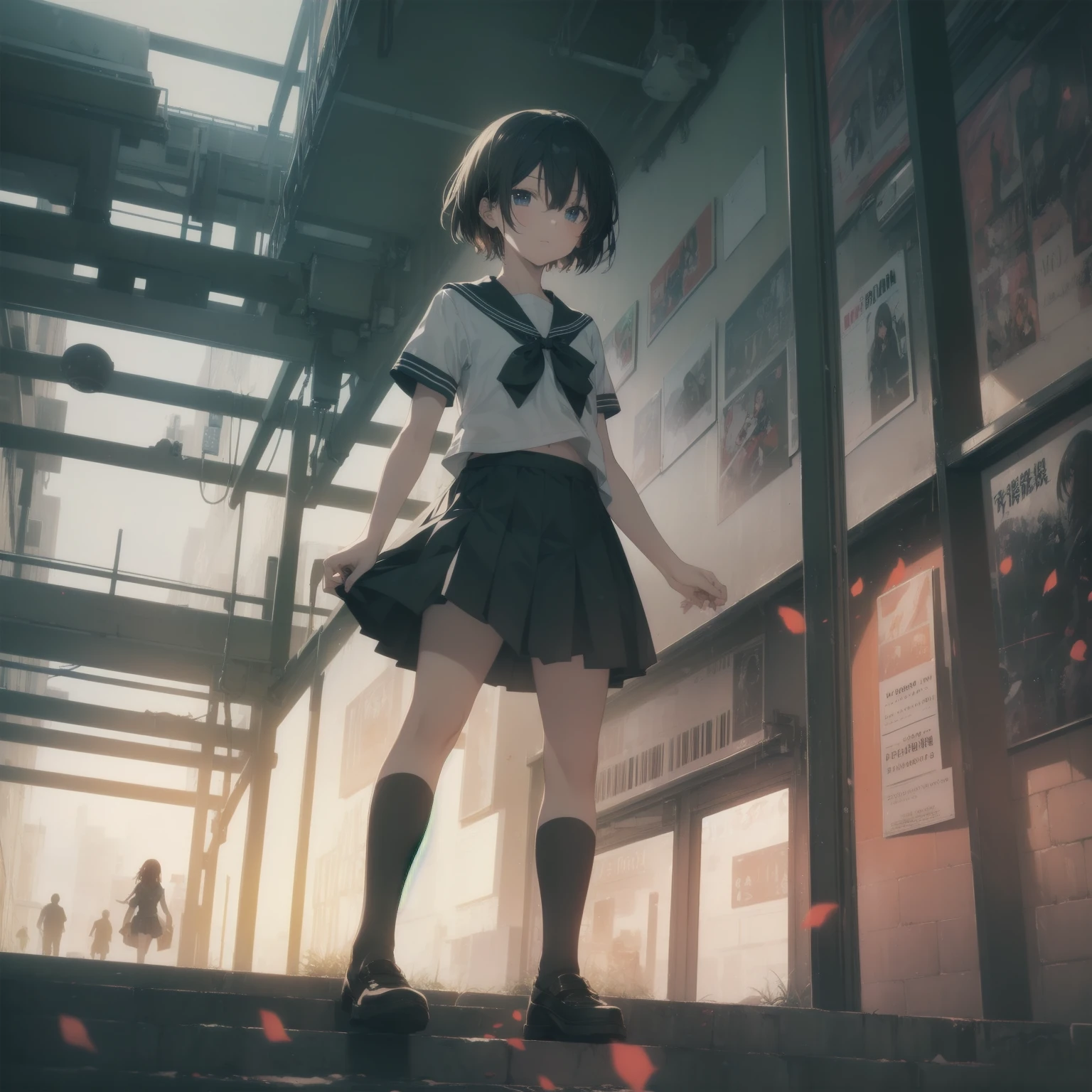 ultra-absurdres-Top quality by artist God, ultra-detailed, high resolution, anime moe artstyle, best anime 8k konachan wallpaper, pixiv contest winner, pool:2810, perfect anatomy,break, 1girl, (Please draw a girl walking sleepily to school alone. )break,(Solo,little female, 13-year-old:1.3),Full limbs, complete fingers,a junior high school student, (very short hair), short cut, flat chest, , small butt, small black eyes, beautiful detailed eyes, well-proportioned iris and pupils, expressive eyes, highres detailed hair, soft expression, salor school_uniform, sailor collar, serahuku, bow, pleated skirt,(Detailed Lighting), (Detailed background), in the School commute route. break,dewy skin, perspiration on the skin,skin texture, fine lines, pores, natural imperfections,light reflections, glossy skin, shiny skin,break, Best cinematic lighting powered by famous artist, 8k,beauty illustration,photoshop_(medium),very aesthetic,break,((artist:enkyo_yuuichirou )), artist:clamp ,artist:carnelian ,artist:kantoku ,