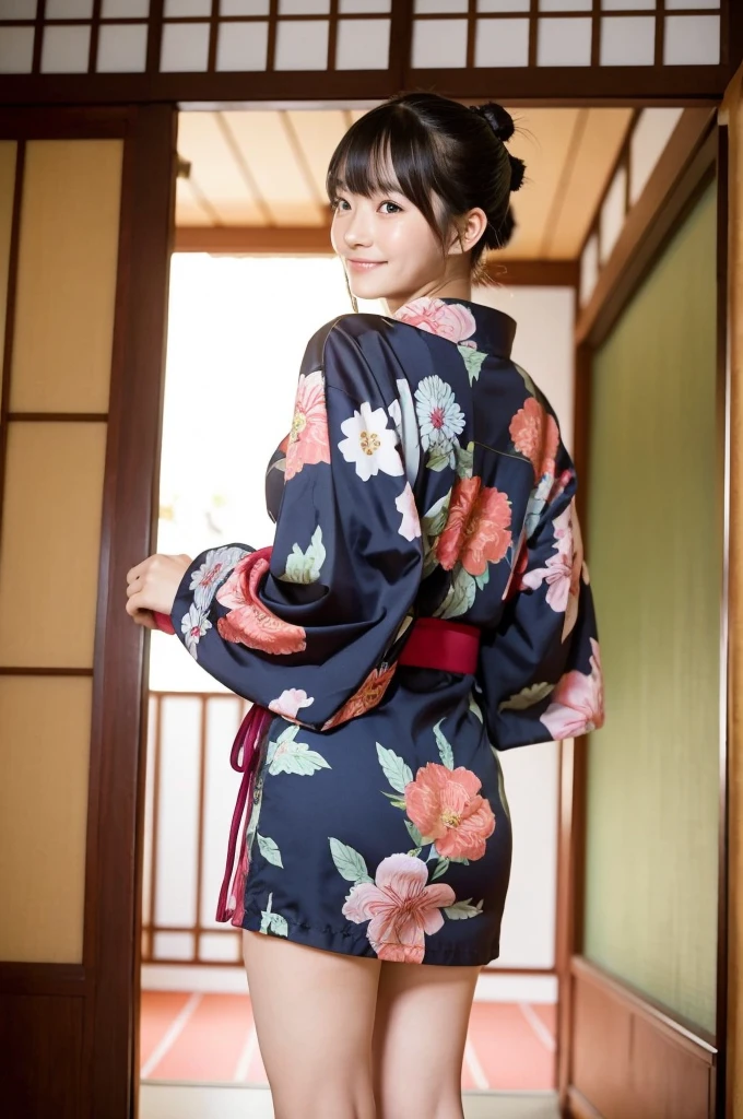 girl in ryokan on school trips,long-sleeved floral yukata,18-year-old,bangs,a little smile,thighs,knees,short hair with low pigtails bunches,from below,front light