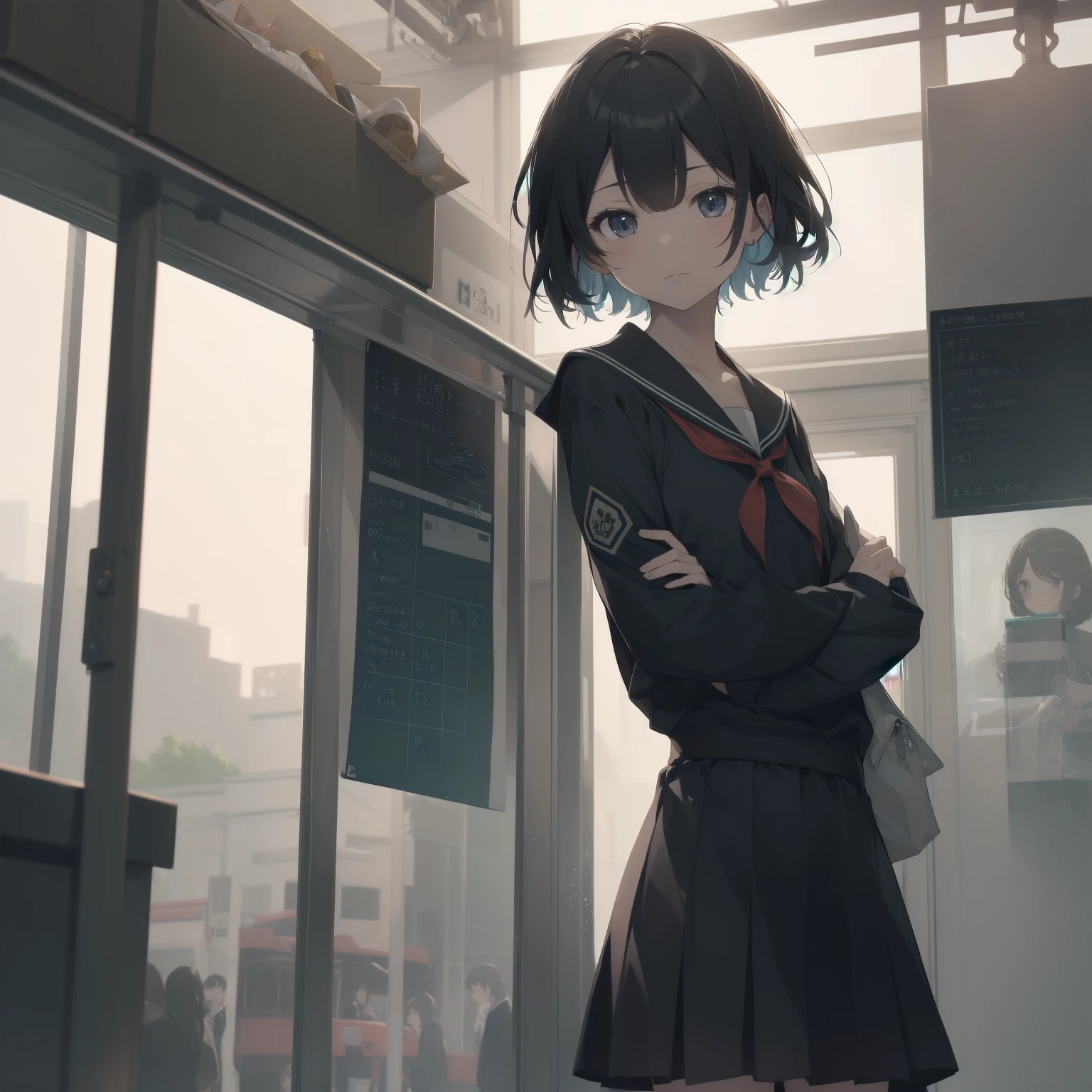 ultra-absurdres-Top quality by artist God, ultra-detailed, high resolution, anime moe artstyle, best anime 8k konachan wallpaper, pixiv contest winner, pool:2810, perfect anatomy,break, 1girl, (Please draw a girl walking sleepily to school alone. )break,(Solo,little female, 13-year-old:1.3),Full limbs, complete fingers,a junior high school student, (very short hair), short cut, flat chest, , small butt, small black eyes, beautiful detailed eyes, well-proportioned iris and pupils, expressive eyes, highres detailed hair, soft expression, salor school_uniform, sailor collar, serahuku, bow, pleated skirt,(Detailed Lighting), (Detailed background), in the School commute route. break,super detailed skin, Best cinematic lighting powered by famous artist, 8k,beauty illustration,photoshop_(medium),very aesthetic,break,((artist:enkyo_yuuichirou )), artist:clamp ,artist:carnelian ,artist:kantoku ,