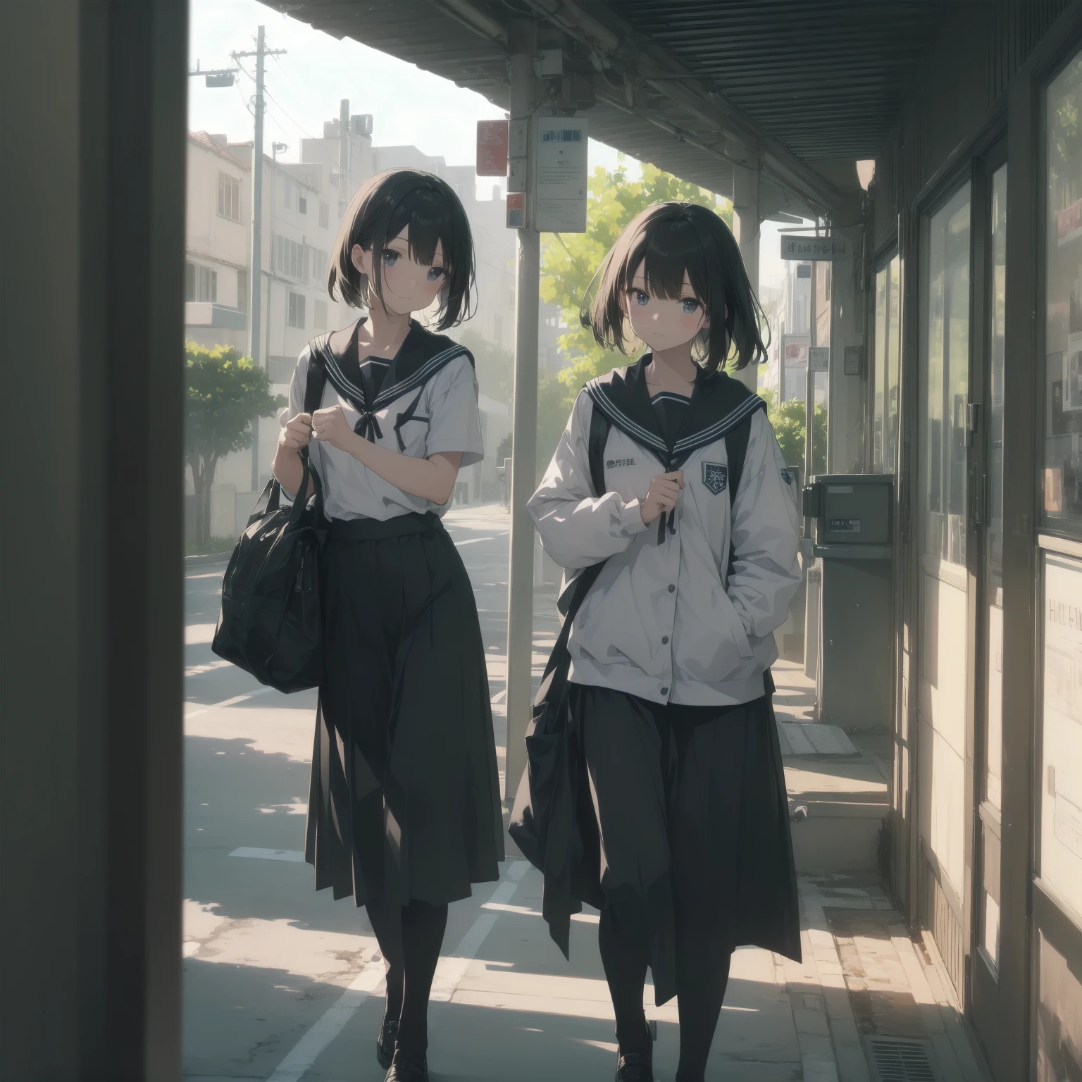 ultra-absurdres-Top quality by artist God, ultra-detailed, high resolution, anime moe artstyle, best anime 8k konachan wallpaper, pixiv contest winner, pool:2810, perfect anatomy,break, 1girl, (Please draw a girl walking sleepily to school alone. )break,(Solo,little female, 13-year-old:1.3),Full limbs, complete fingers,a junior high school student, (very short hair), short cut, flat chest, , small butt, small black eyes, beautiful detailed eyes, well-proportioned iris and pupils, expressive eyes, highres detailed hair, soft expression, salor school_uniform, sailor collar, serahuku, bow, pleated skirt,(Detailed Lighting), (Detailed background), in the School commute route. break,super detailed skin, Best cinematic lighting powered by famous artist, 8k,beauty illustration,photoshop_(medium),very aesthetic,break,((artist:enkyo_yuuichirou )), artist:clamp ,artist:carnelian ,artist:kantoku ,

