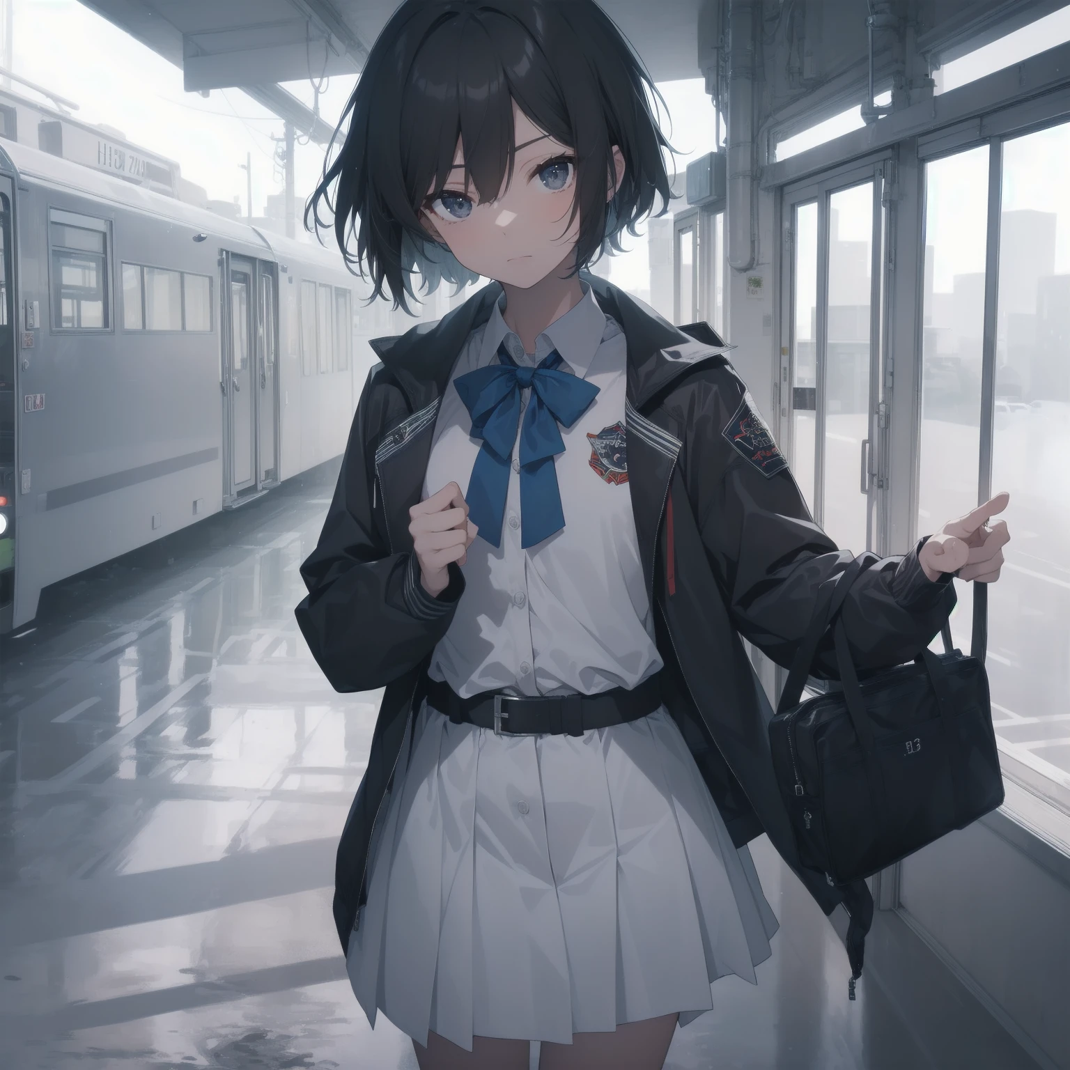 ultra-absurdres-Top quality by artist God, ultra-detailed, high resolution, anime moe artstyle, best anime 8k konachan wallpaper, pixiv contest winner, pool:2810, perfect anatomy,break, 1girl, (Please draw a girl walking sleepily to school alone. )break,(Solo,little female, 13-year-old:1.3),Full limbs, complete fingers,a junior high school student, (very short hair), short cut, flat chest, , small butt, small black eyes, beautiful detailed eyes, well-proportioned iris and pupils, expressive eyes, highres detailed hair, soft expression, salor school_uniform, sailor collar, serahuku, bow, pleated skirt,(Detailed Lighting), (Detailed background), in the School commute route. break,super detailed skin, Best cinematic lighting powered by famous artist, 8k,beauty illustration,photoshop_(medium),very aesthetic,break,((artist:enkyo_yuuichirou )), artist:clamp ,artist:carnelian ,artist:kantoku ,