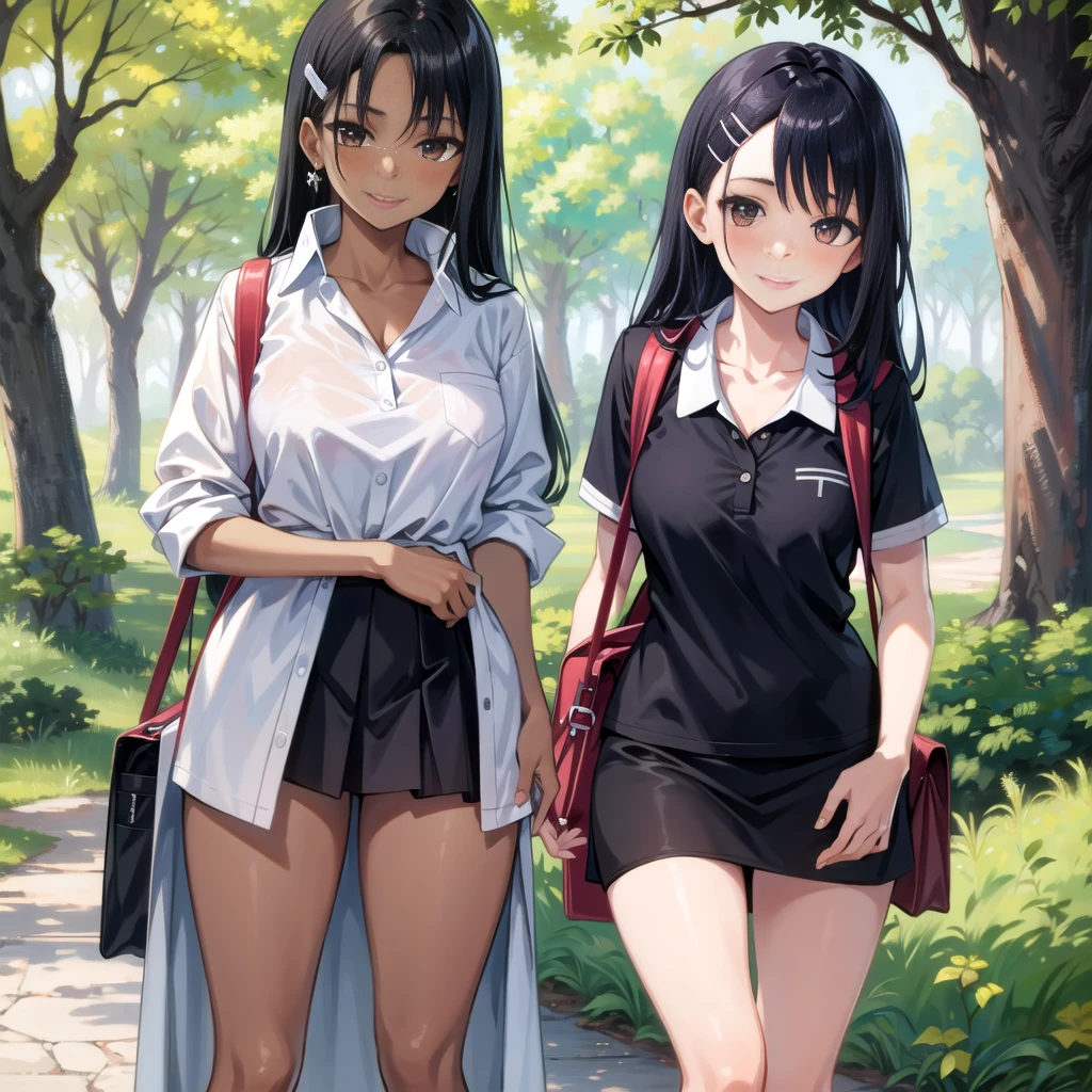 (8K, Highest quality, Highest quality, masterpiece), standing, 1girl, fullbody, solo, cowboy shot, aasuzune, long hair, black hair, hair loose in the wind, leafs in the air, (summer sky), casual shirt, mini top, black thighhighs, smile, Shorts, outdoors, large breasts, cleavage