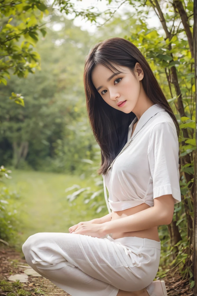8K, RAW Photos, Highest quality, masterpiece:1.2), masterpiece, Highest quality, shape, Very detailed, Fine details, High resolution, 8K,wallpaper, Perfect dynamic composition,(High quality with attention to detail, Realistic depiction of eyes:1.3)、Hands tied、A woman being tied up、Put your arms around your back、Squatting with legs apart on a forest path、White panties are visible、Look forward、39 Talent、beauty、Well-formed face、Even out the eyes、Beautiful black hair、Bangedium Build、Balanced proportions、Beautiful feet、Short sleeve blouse、Long skirt、Sad face、Beautiful views、