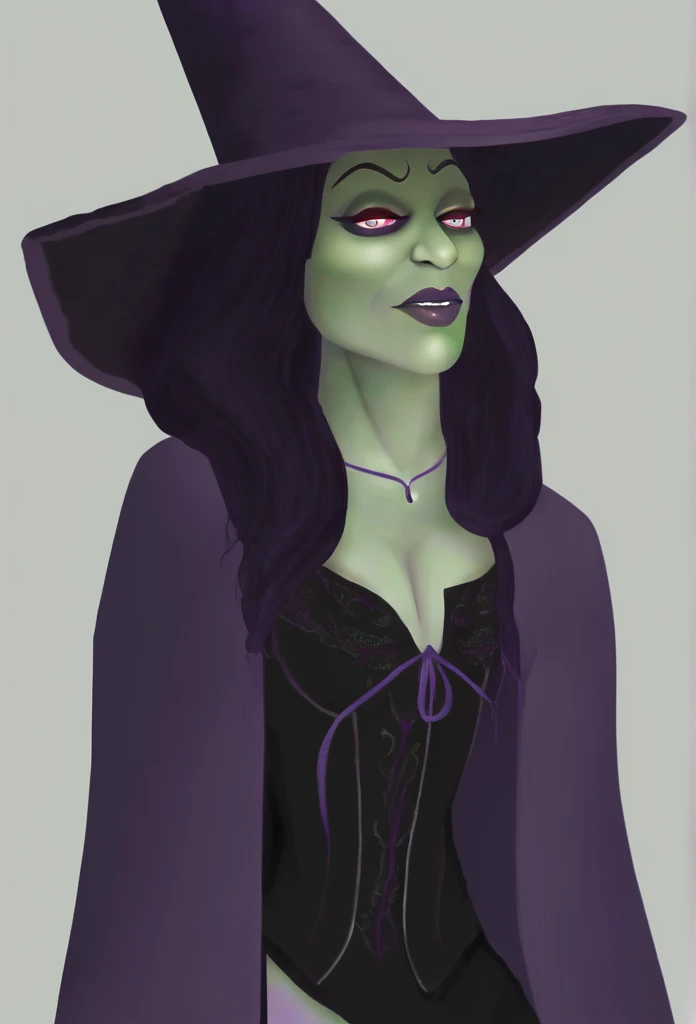 A pale green skin, Beautiful witch woman, half goblin, half human, half of the upper body, dark purple garments