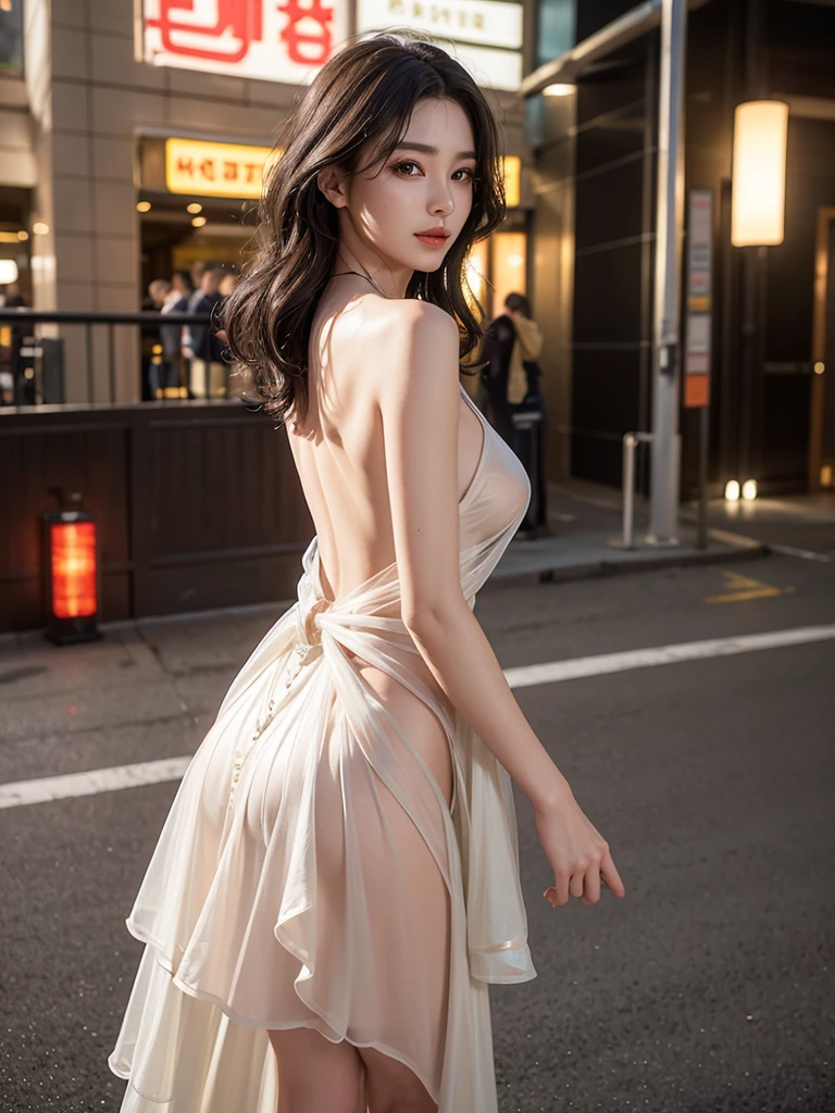 Mix 4, (8k, Live Shooting, Highest quality, masterpiece: 1.2), (Real, Photorealistic: 1.37), 一人のgirl, cute, night, rain, Wetty, Professional Lighting, Photon Mapping, Radio City, Physically Based Rendering, Gradient black hair, Gray Hair, Short Curly Hair, good looking, girl, Highest quality写真, High resolution, 1080P, (Clear Face), (Detailed face description), (Detailed hand description), (masterpiece), (Exquisite CG)、Extreme light and shadow、Disheveled Hair、Masterwork、Rich details、(Fine facial features)、(Highest qualityの写真)、(Masterpiece)、(Detailed eyeid-breasted))、Nipple erection、Sexy、Lady、Clear、Smooth Hair、Clothes are not shiny、Change of clothes中、In the process of taking off clothes、Change of clothes、Beautiful back、Bare back、With your back facing forward、Back muscles、