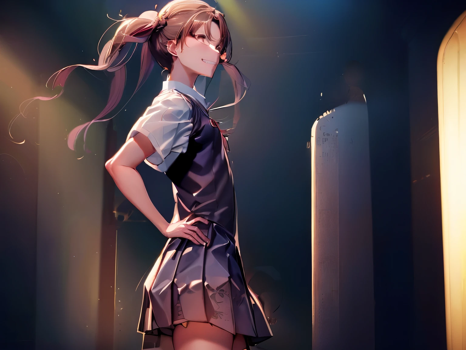 Kuroko Shirai, (Tokiwadai Uniform:1.5), Twin tails, Raise the hand, (masterpiece, Absurd quality, Highest quality, Official Art, beautifully、beautiful:1.2), (独奏:1.5), 16K, Very detailed, Most detailed, Sharp focus,), By famous artists, (Conversion Sequence), (difficult:1.8), (Simple blank background:2.0), sketch, (Cowboy Shot:1.5), (Double exposure:1.5), Kaleidoscope, sketch, (Floating Hair:1.5), From below, (Wicked Smile:1.5), Minimalism, (silhouette:2.0), from the front, (Crazy Smile:1.5), dynamic angle, Backlight