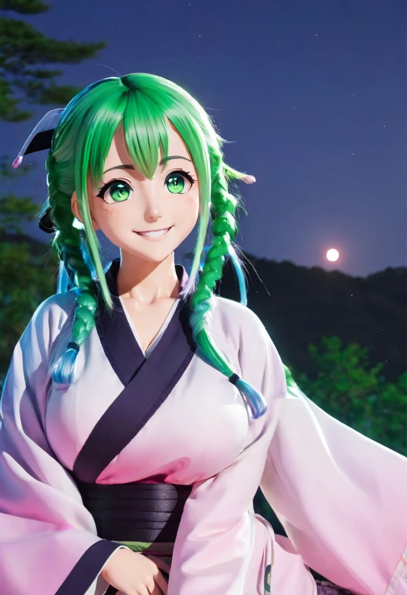 mitsuri(demon slayer), large breasts, upper body, haori, bangs, 1girl, green hair, demon slayer uniform, gradient hair, solo, jacket, multicolored hair, breasts, smile, green eyes, twin braids, pink hair, japanese clothes, long hair, portrait, looking at viewer, moonlight scenery, (from below:1.3) csr style