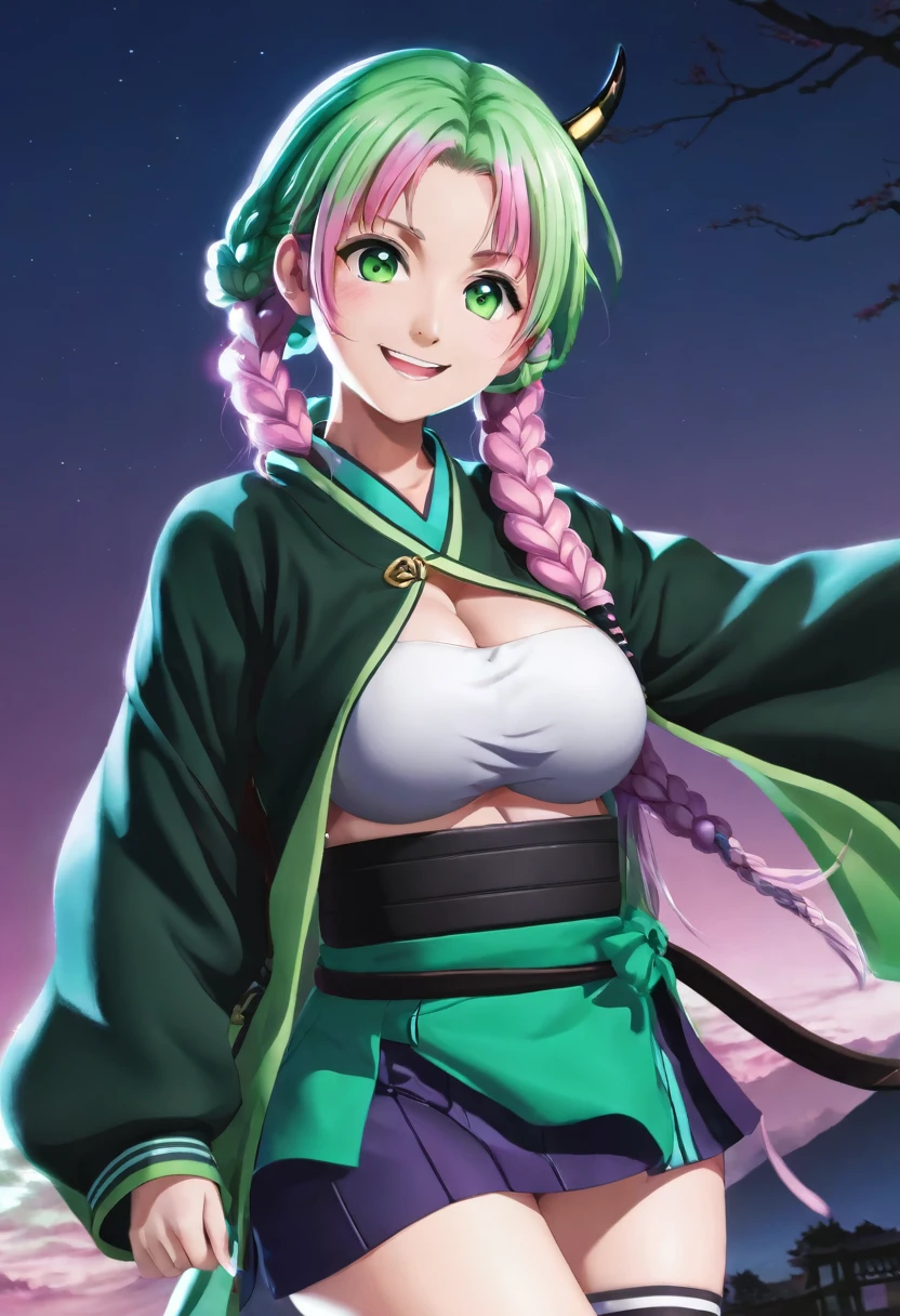 mitsuri(demon slayer), large breasts, upper body, haori, bangs, 1girl, green hair, demon slayer uniform, gradient hair, solo, jacket, multicolored hair, breasts, smile, green eyes, twin braids, pink hair, japanese clothes, long hair, portrait, looking at viewer, moonlight scenery, (from below:1.3) csr style