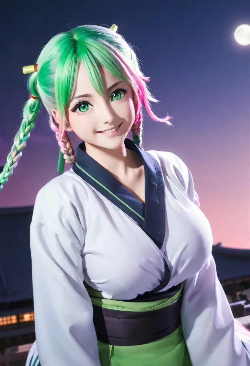 mitsuri(demon slayer), large breasts, upper body, haori, bangs, 1girl, green hair, demon slayer uniform, gradient hair, solo, jacket, multicolored hair, breasts, smile, green eyes, twin braids, pink hair, japanese clothes, long hair, portrait, looking at viewer, moonlight scenery, (from below:1.3) csr style
