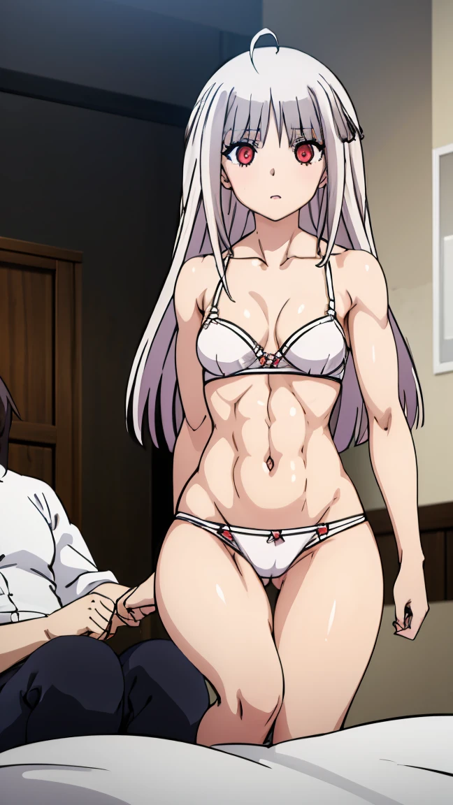 Jmasterpiece, best quality, ultra-high-detailed, Disgusted face, white hair, red eyes, sigtuna julie , small breast, looking to viewer, deep eyes, glare eyes, muscular, eyeshadow, bare shoulder , Collarbone, spaghetti straps, medium breast , shaded face, fit body , underwire bra, open front bra, cleavage , near camera shot, so close, Navel, midrifft , underbutt, Underbust, upper limbs , underbutt, from below, ,muscular, showing ass, bending over back view, in bed, ABS , holding the bed, sitting
