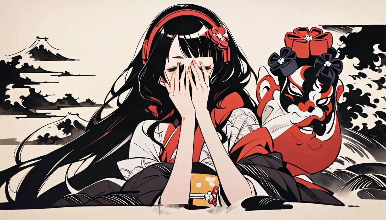 ((Covering his face with a Tengu mask)), (((Highest quality))), (((Katsushika Hokusai))), (((Ink Painting))), ((very straight longhair)), ((1 girl)), Japanese style headphones, Black Hair, Delicate and precise, Modern ukiyo-e style