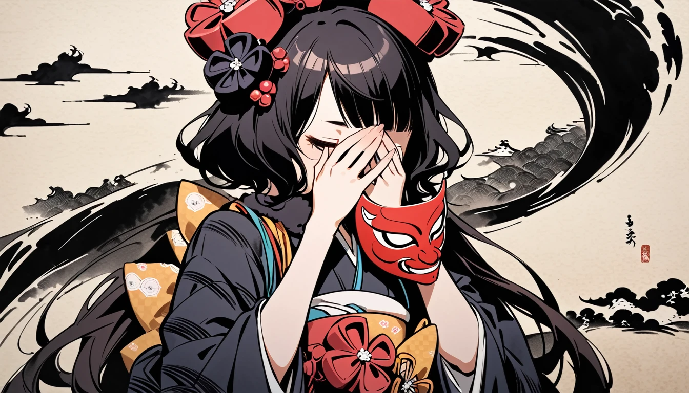 ((Covering his face with a Tengu mask)), (((Highest quality))), (((Katsushika Hokusai))), (((Ink Painting))), ((very straight longhair)), ((1 girl)), Japanese style headphones, Black Hair, Delicate and precise, Modern ukiyo-e style