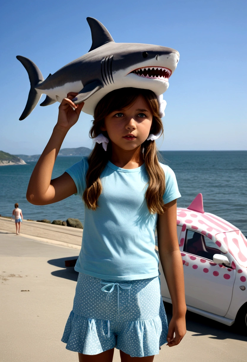 Girl with stuffed shark on her head, Seaside, DaytimeGirl with stuffed shark on her head, Seaside, Daytime