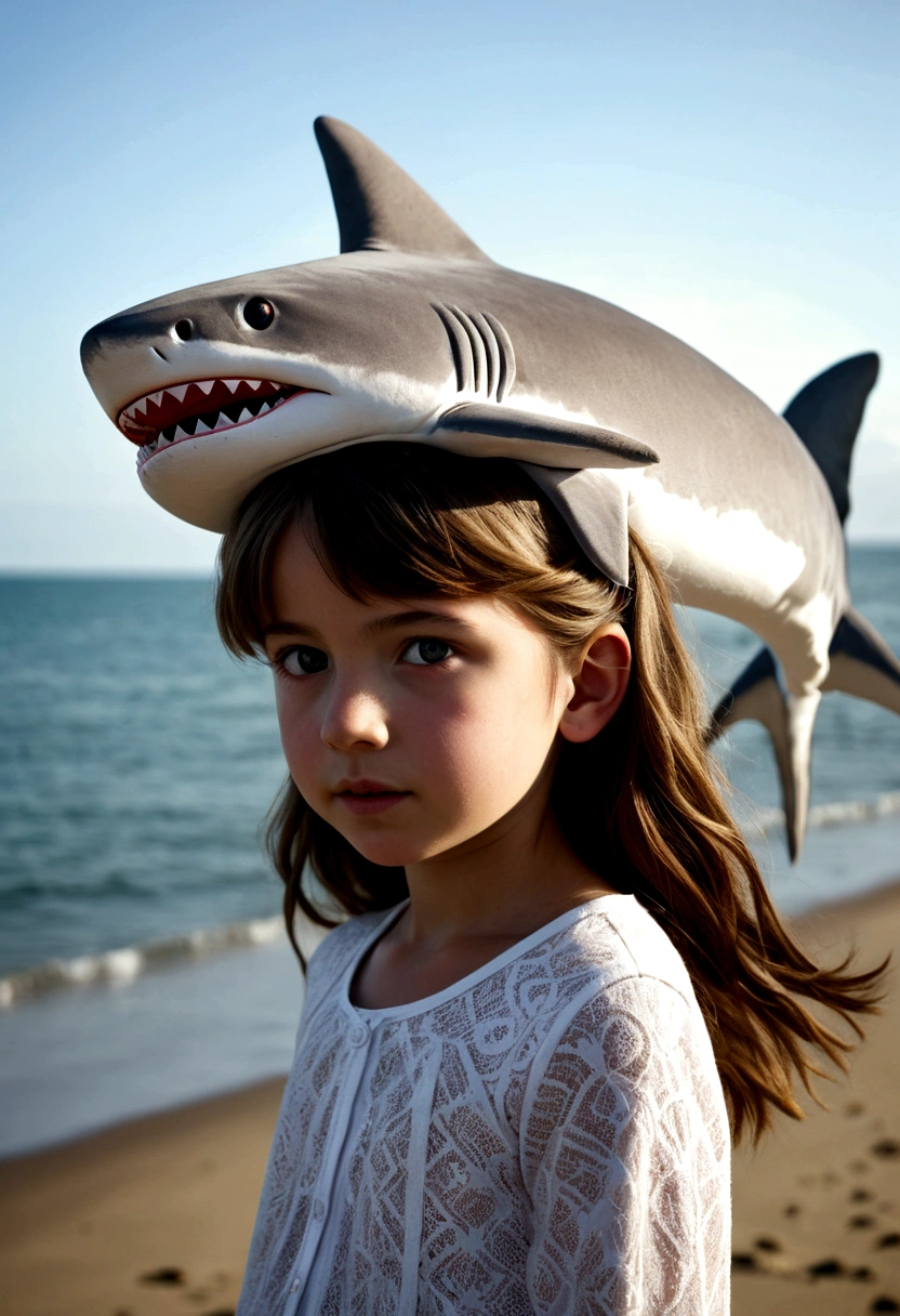 Girl with stuffed shark on her head, Seaside, DaytimeGirl with stuffed shark on her head, Seaside, Daytime