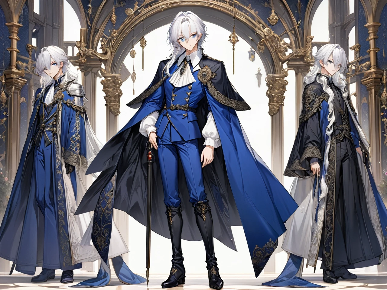 Full-body portrait standing in the front. Full-body portrait standing in the front. The background is simple and no characters are wearing a blue suit and cape. The short version does not touch the ground.(Poncho top at knee length)A handsome anime male with long white hair wears a large white fancy collar with a shoulder strap and the upper half of the luxurious sleeves., Handsome full body portrait of male version looking at audience high resolution, Super detailed masterpiece, Wheels within wheels, Best quality white long hair, Korean face, Anime eyes, Gothic prince costumes with detailed interiors in medieval style, Detailed Character Art Academy Beautifully detailed, Delicate and exquisite frontal standing full body portrait(Don't go beyond the screen)Anatomically correct animated style modern front full body portrait(Don't go beyond the screen)official art, Impressive.Full body portraits Super detailed animation art Perfect composition Wheels within wheels Detailed digital art