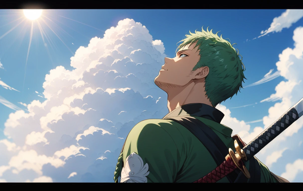 masterpiece, best quality, 1boy, solo, Roronoa Zoro, outdoors, letterboxed, , day, sky, looking up, cloud, sunlight, upper body, from side, blurry, blue sky, depth of field, highres, 4k, 8k, intricate detail, cinematic lighting, amazing quality, wallpaper 