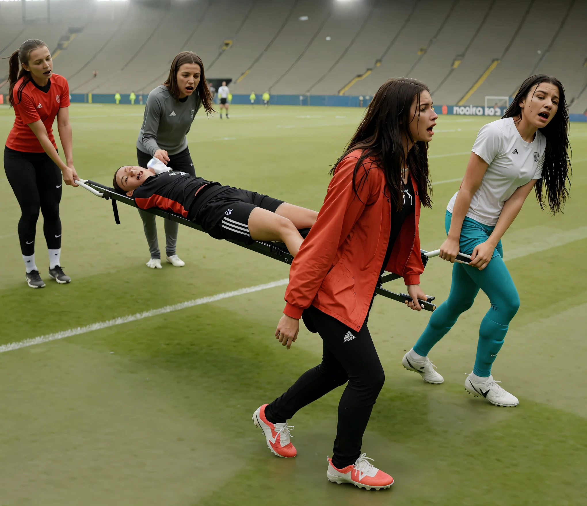 a soccer scene in a sports stadium, cool and wet weather conditions, humide ground, rainy sky, injury scene in a sports stadium, stretcher carry, there are four female medics carrying a stretcher, there are four female medics in very shiny coats who are carrying a stretcher in a sports stadium, there is a wounded male soccer player in a matte short cotton sports outfit lying on the stretcher, an injured male soccer player in matte cotton sportswear is lying in pain on a stretcher, a soccer player in matte cotton sports clothes is rearing up in intense pain while lying on a stretcher, dramatic scene, theatralic posing scene, dramatic pity scene, injury soccer, first aid, help, pity, there are four female medics in wetlook high-shine coats who are looking very sad and very terrified and very shocked, the injured soccer player is screaming out in pain while he is carried from the pitch on a stretcher