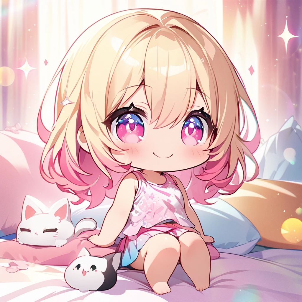 masterpiece, best quality, 4k、2D Illustration、one beautiful girl、solo、(((chibi style)))、((vivid colors))、cute chibi、lovely chibi、long beautiful hair, glossy blonde hair, hair between eyes, cute、beautifully detailed eyes、((tank top))、((miniskirt))、(colorful))、((happy smile))、sitting on bed、((full body shot))、((kitten))、((lots of pink stuff around.))、((bed))、sparkle、((lens flare))、