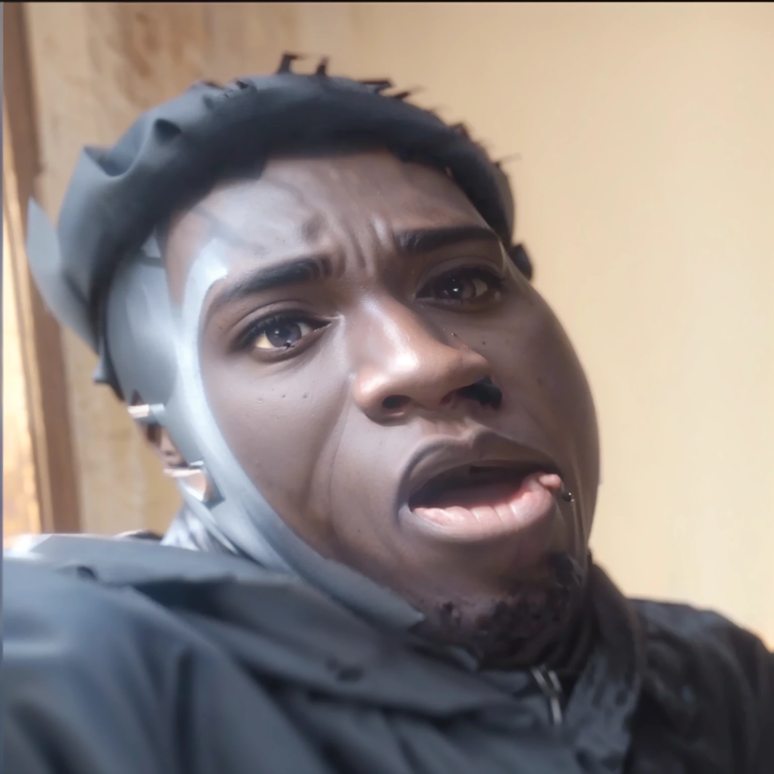 arafed man with a surprised look on his face, he is screaming, looking surprised, insane face, mkbhd as iron man, he is in shock, bony face, bladee from drain gang, very surprised, man is with black skin, horrified look in his eyes, huge surprised eyes, looking confused, bruh moment, black age boy