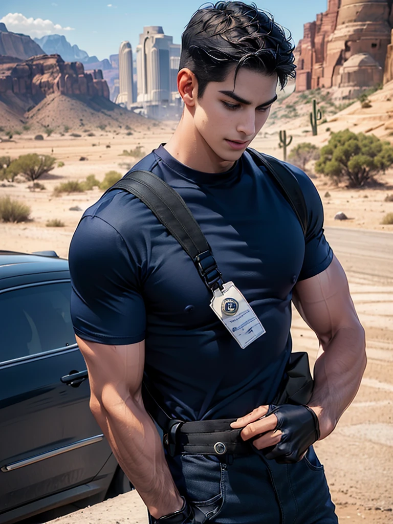 1 man,crew cut hair,(Wear a fitted round neck t-shirt in navy blue with a police badge.:1.2),Navy blue jeans,(black_gloves:1.3),(Carrying a black backpack:1.3),Korean guy,chest muscles,large arm muscles,blood vessel,Big muscles,Broad shoulders,middle of the road,(Carrying a black backpack:1.3),(In the desert:1.5),A navy blue car is in the back., ,(driving:1.4),smile,(short hair:1.4),(full_shot:1.2),