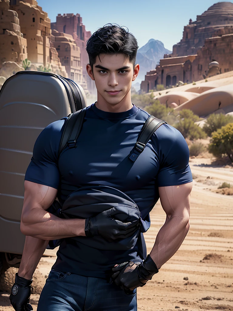 1 man,crew cut hair,(Wear a fitted round neck t-shirt in navy blue with a police badge.:1.2),Navy blue jeans,(black_gloves:1.3),(Carrying a black backpack:1.3),Korean guy,chest muscles,large arm muscles,blood vessel,Big muscles,Broad shoulders,middle of the road,(Carrying a black backpack:1.3),(In the desert:1.5),A navy blue car is in the back., ,(driving:1.4),smile,(short hair:1.4),(full_shot:1.2),
