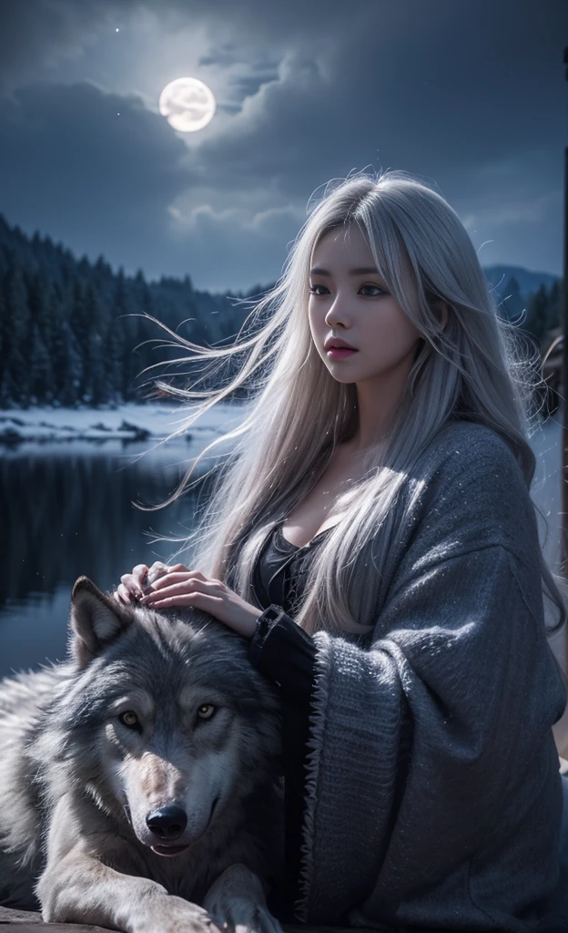 Beautiful and perfect 8k ultra high definition professional photos, Focus, In a stunning fantasy world, 20-year-old cute silver-haired girl,The hands are beautiful,( (A girl and a mysterious giant wolf)), , In the moonlight of the night,Gloomy eyes