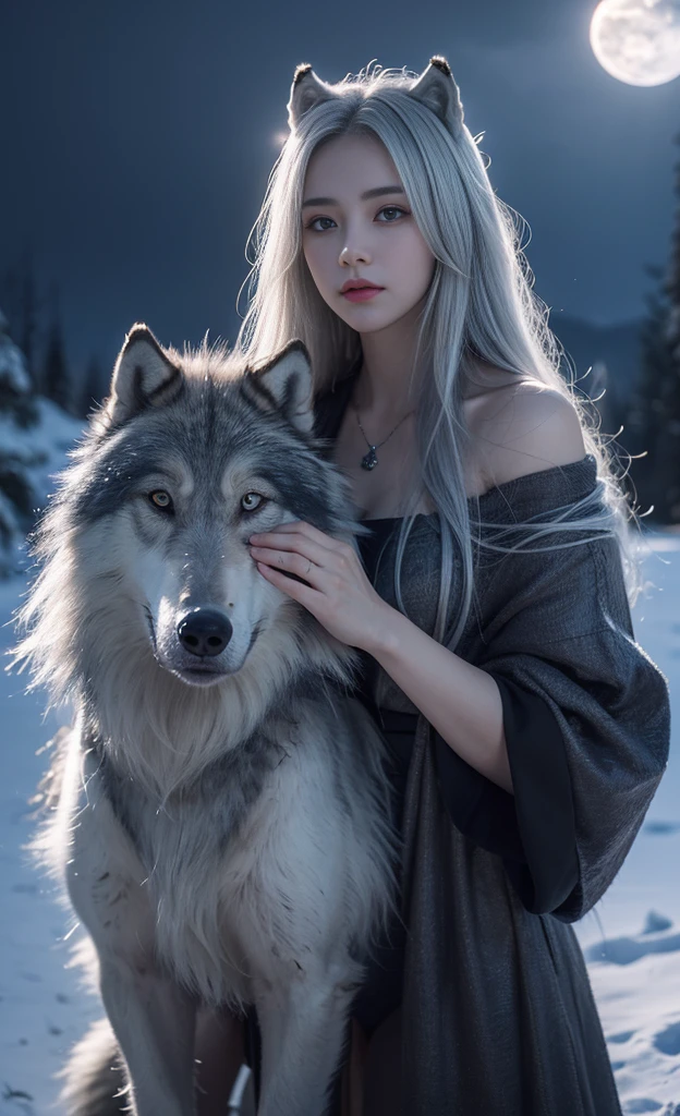 Beautiful and perfect 8k ultra high definition professional photos, Focus, In a stunning fantasy world, 20-year-old cute silver-haired girl,The hands are beautiful,( (A girl and a mysterious giant wolf)), , In the moonlight of the night,Gloomy eyes