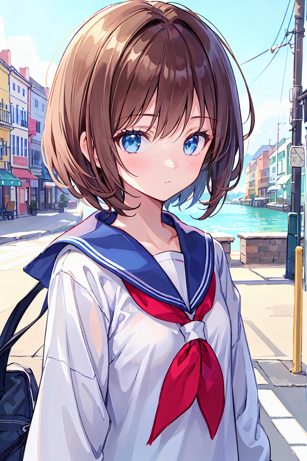 Ski Style, One girl, alone, Brown Hair, blue eyes, wing, View your viewers, bangs, short hair, Sailor collar, white Sailor collar, shirt, white shirt, Bobcut, Portraiture, compensate, whole body, Background city