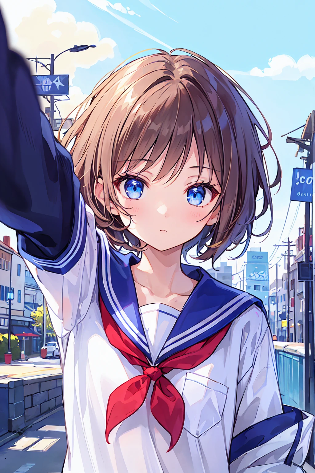 Ski Style, One girl, alone, Brown Hair, blue eyes, wing, View your viewers, bangs, short hair, Sailor collar, white Sailor collar, shirt, white shirt, Bobcut, Portraiture, compensate, whole body, Background city