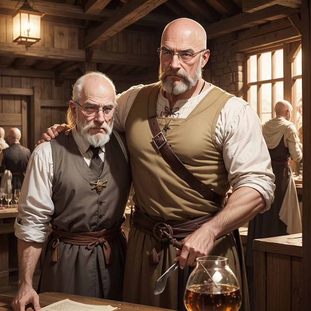 anime styling, medieval style old man , bald man with a big, pointy blond mustache, resdonda way, eyes browns, with medieval clothes and hairy arms, drying a glass with white cloth, Dirty looking medieval tavern with adventurers around