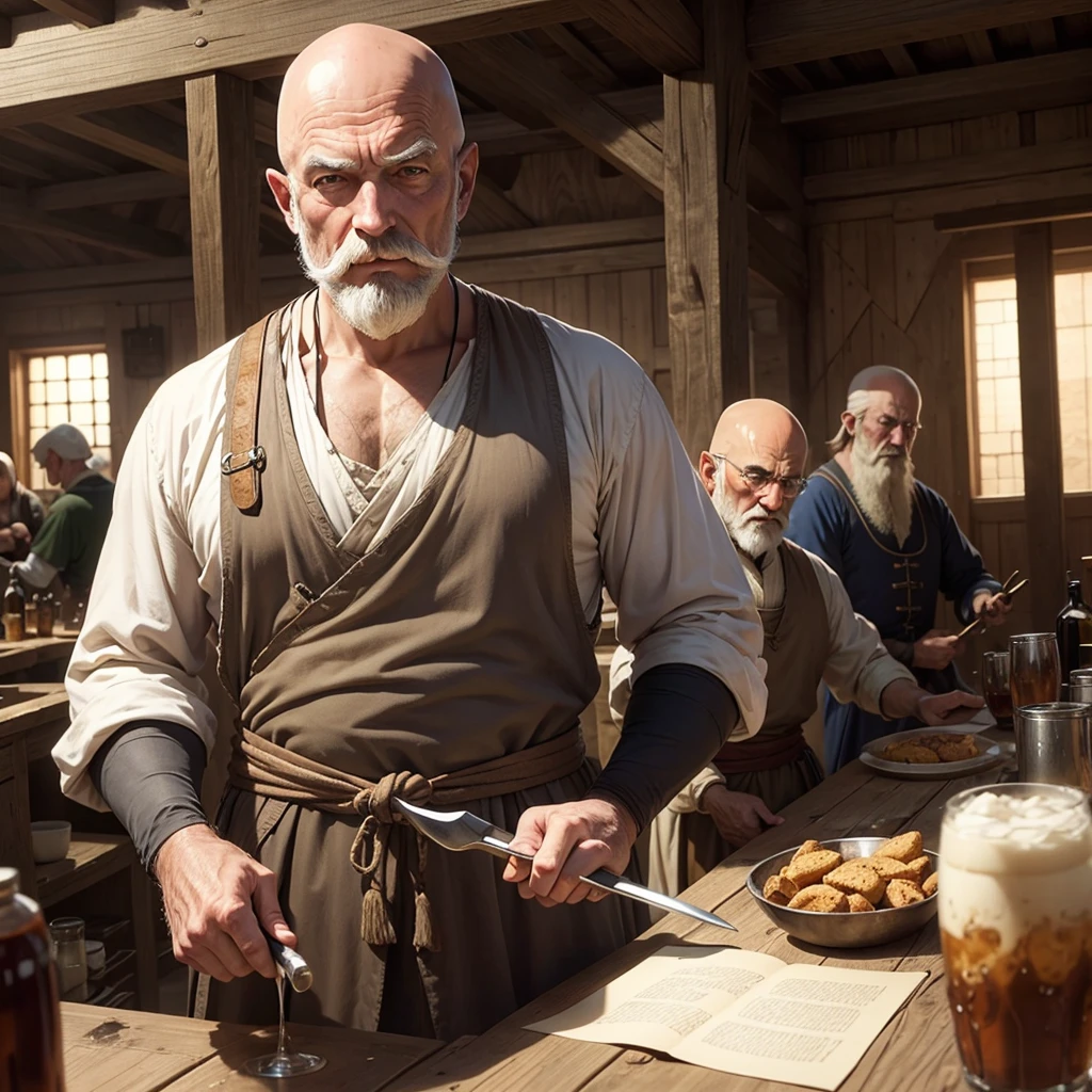 anime styling, medieval style old man , bald man with a big, pointy blond mustache, resdonda way, eyes browns, with medieval clothes and hairy arms, drying a glass with white cloth, Dirty looking medieval tavern with adventurers around 
