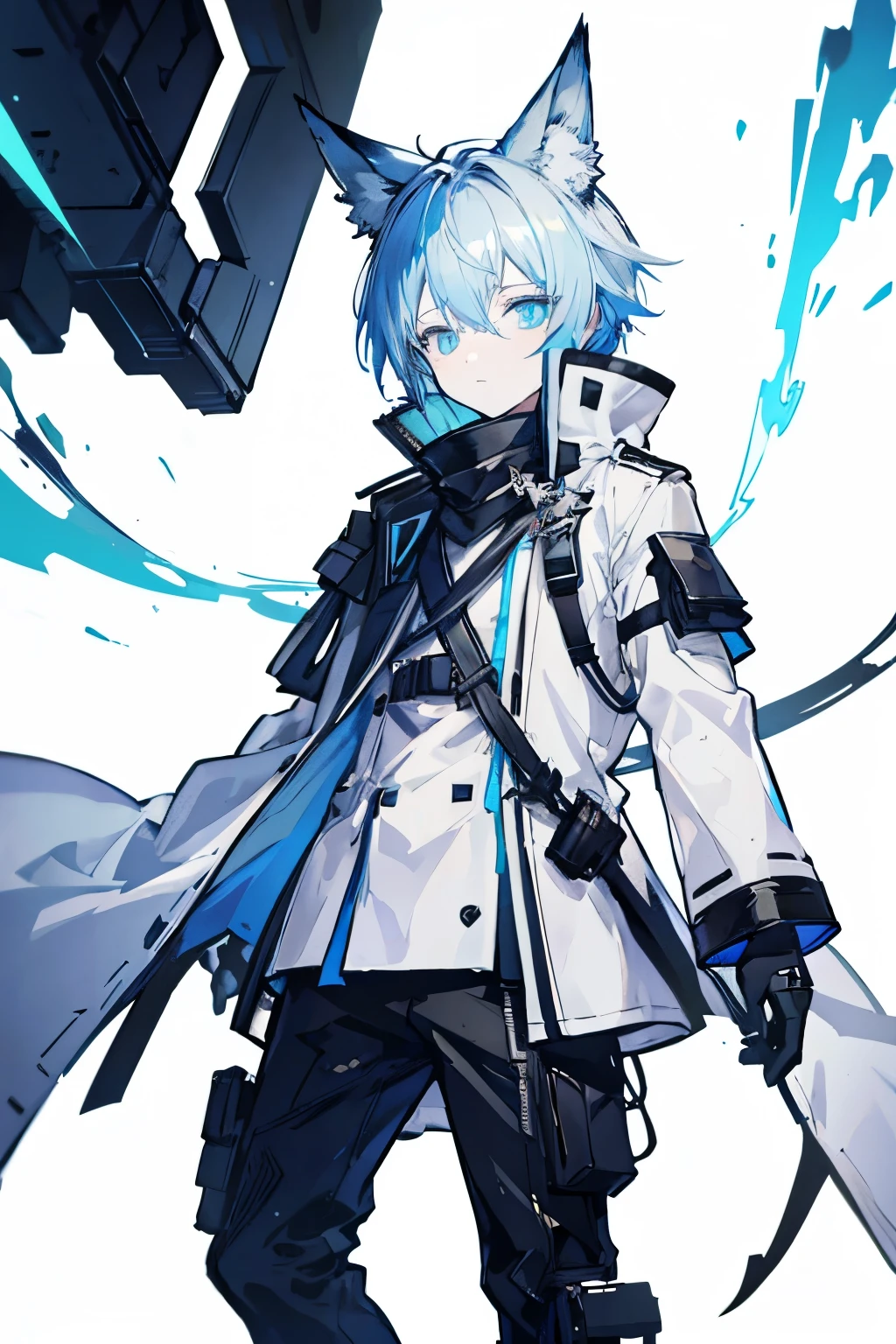 arknights operator, arknights design, arknights character, expressive eyes, perfect face, 1boy, solo, (light shade hair, fox tail, fox ears, pale blue hair, pastel blue hair), azure eyes, young boy, short bangs, big eyes, short hair, undercut, masculine, teenage boy, fit, flexy, fox tail, arknights design, Scandinavian tunic, white tunic, boots, strapped device, front facing, big eyes, pants, black pants, electric, crackling lightning, fog, fair skin, long gloves, teenager, teen boy, long sleeves, basic background, sleek style, rogue, dextrous outfit, arknights style, sharp eyes, rhodes island jacket, arknights uniform, rhodes island uniform